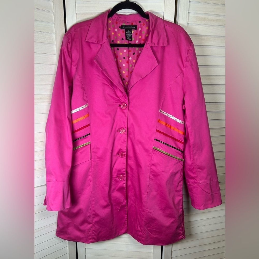 Fun, Colorful Pink Jacket by Good Clothes. Artsy. Polka Dot Lining. Size 16